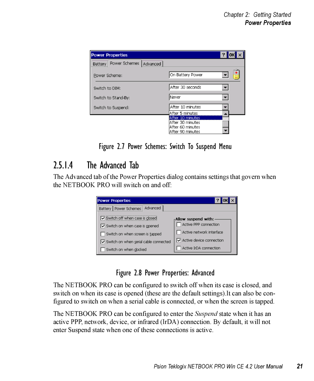 Psion Teklogix Win CE 4.2 user manual Advanced Tab, Power Schemes Switch To Suspend Menu 