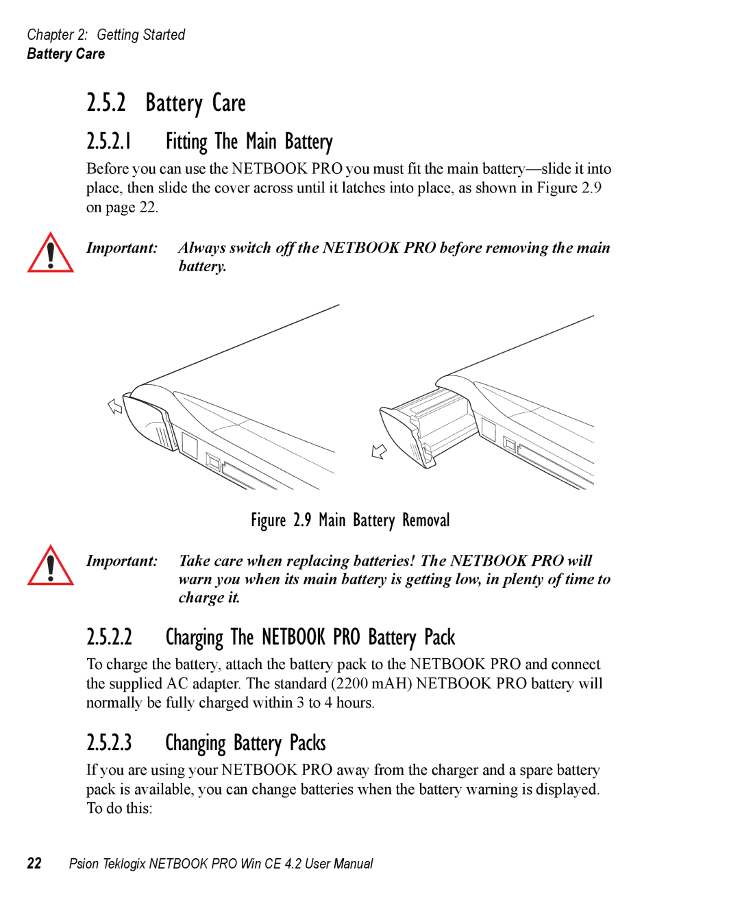 Psion Teklogix Win CE 4.2 user manual Battery Care, Fitting The Main Battery, Charging The Netbook PRO Battery Pack 