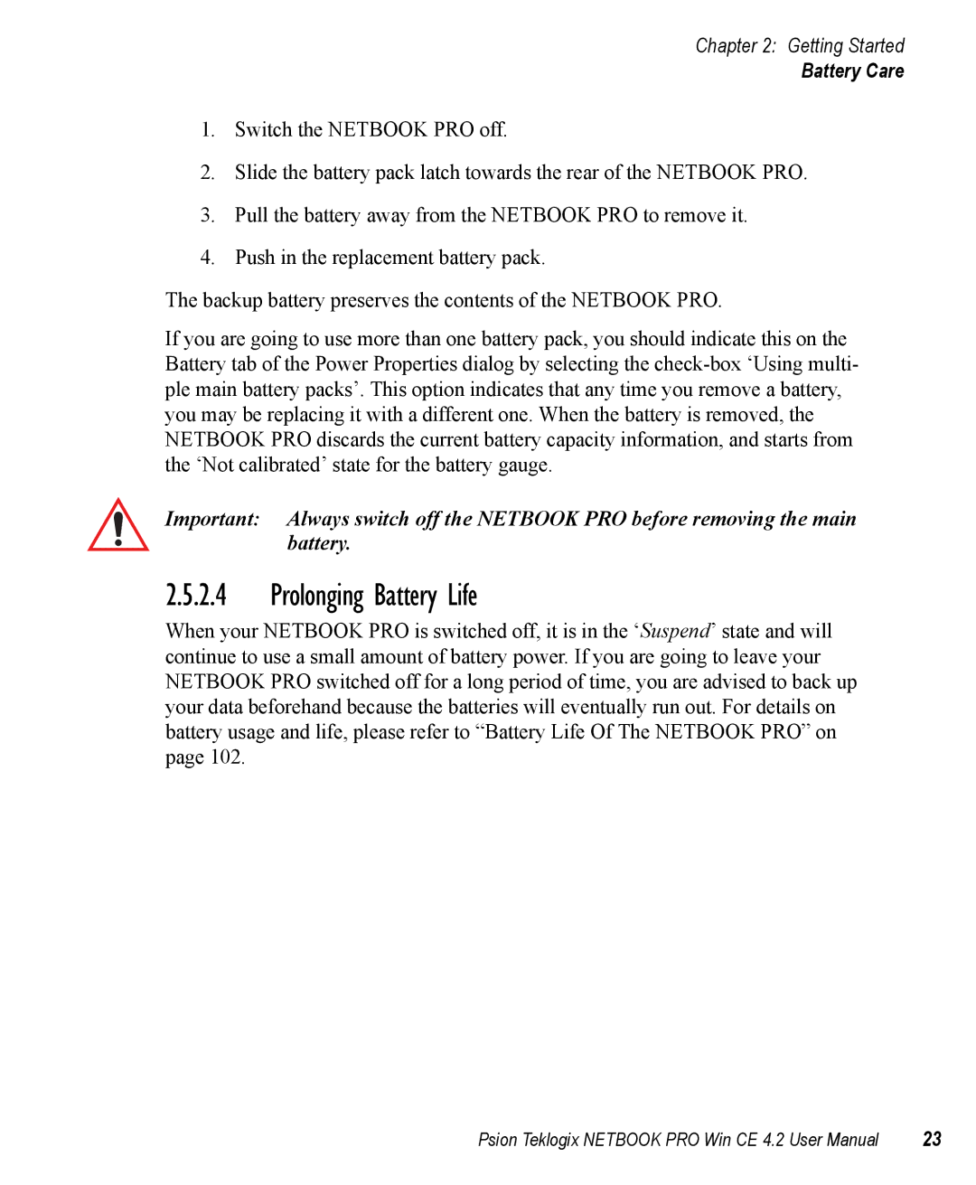 Psion Teklogix Win CE 4.2 user manual Prolonging Battery Life 