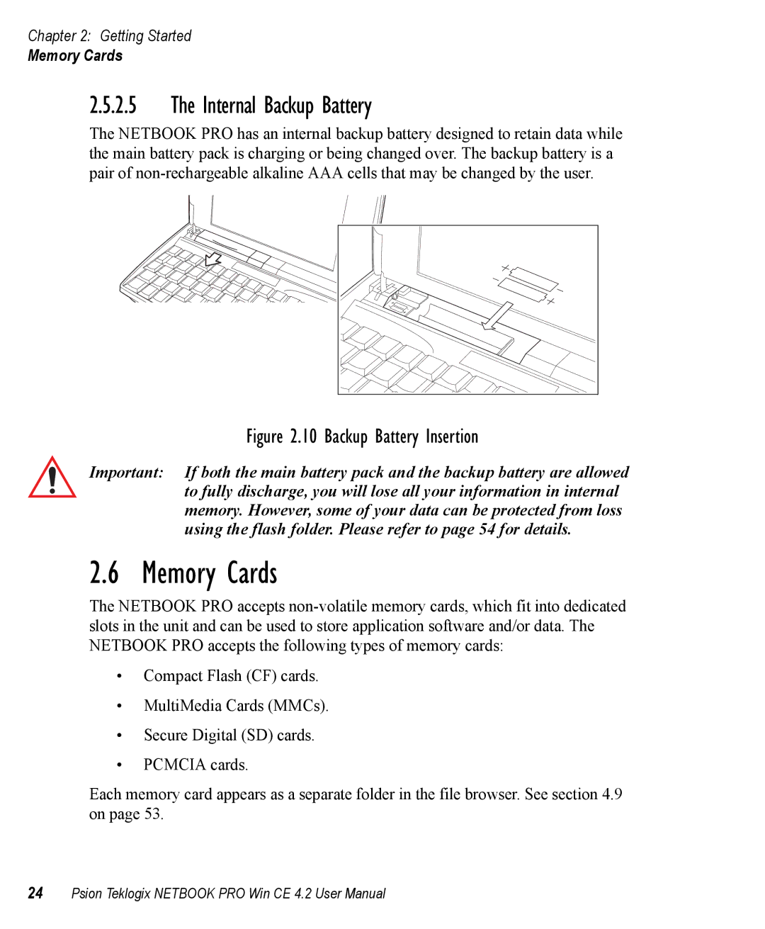 Psion Teklogix Win CE 4.2 user manual Memory Cards, Internal Backup Battery 