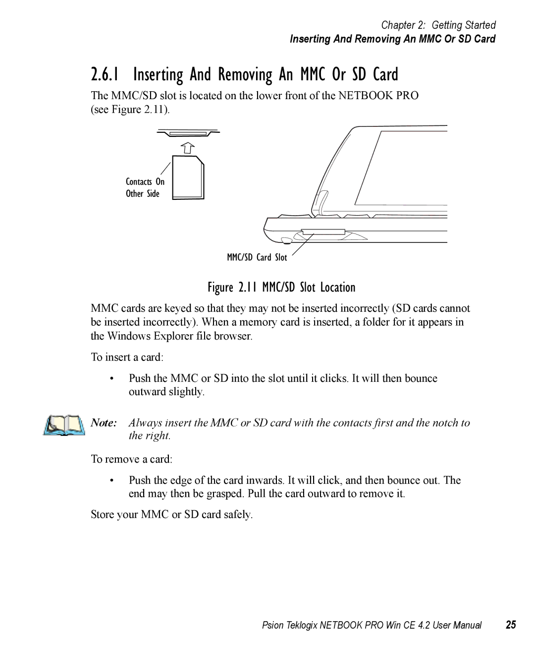 Psion Teklogix Win CE 4.2 user manual Inserting And Removing An MMC Or SD Card 