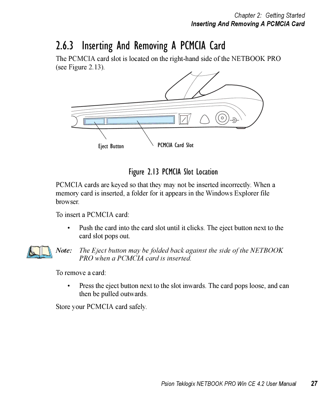 Psion Teklogix Win CE 4.2 user manual Inserting And Removing a Pcmcia Card 