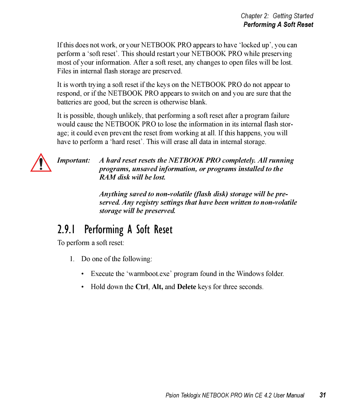 Psion Teklogix Win CE 4.2 user manual Performing a Soft Reset 