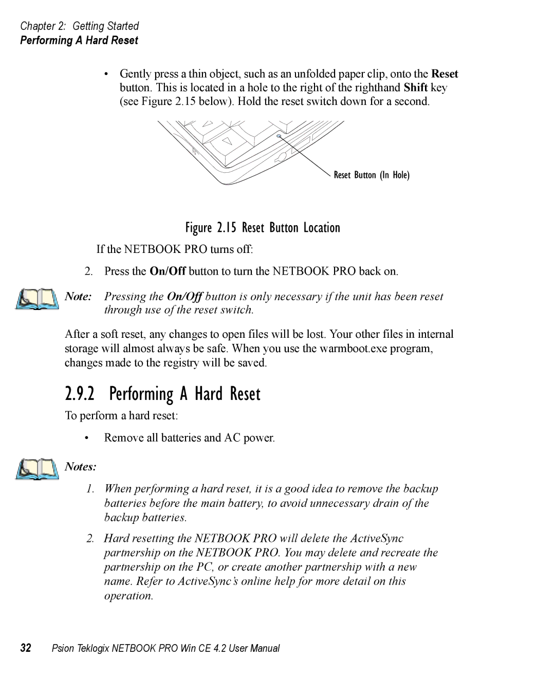 Psion Teklogix Win CE 4.2 user manual Performing a Hard Reset 