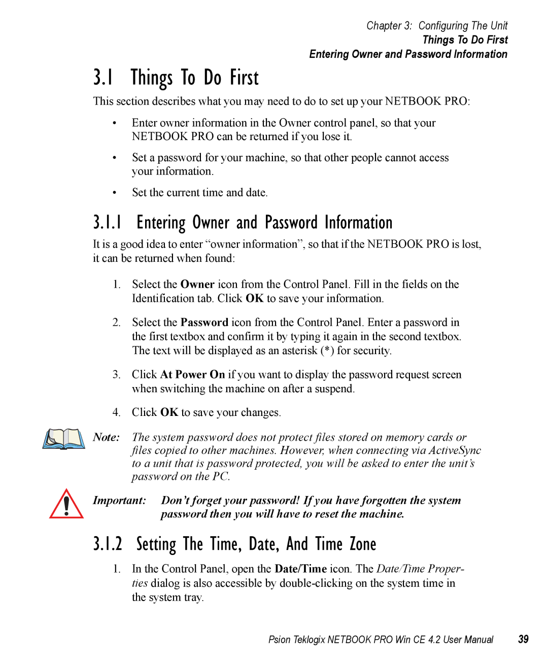 Psion Teklogix Win CE 4.2 user manual Things To Do First, Entering Owner and Password Information 