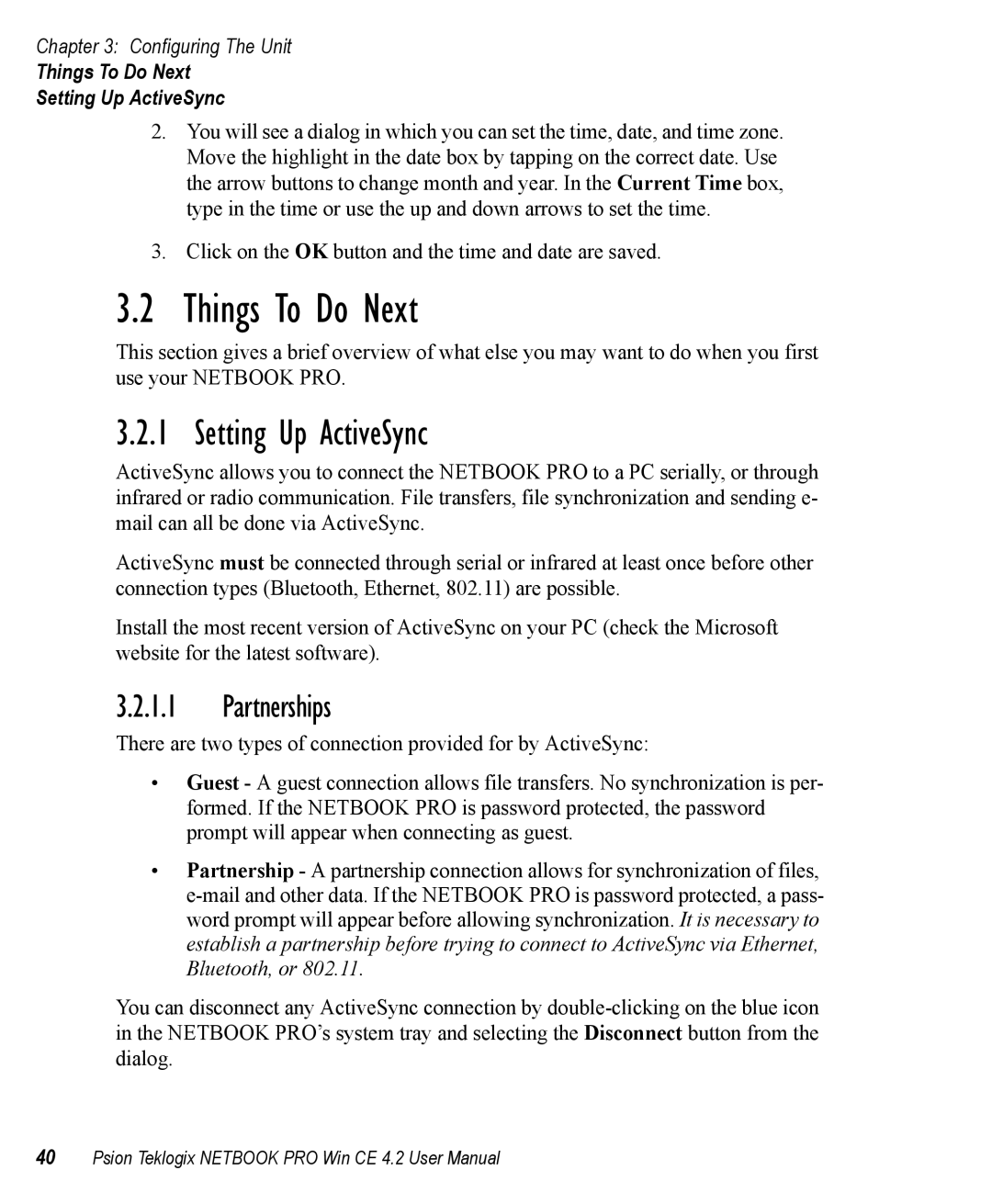 Psion Teklogix Win CE 4.2 user manual Partnerships, Things To Do Next Setting Up ActiveSync 