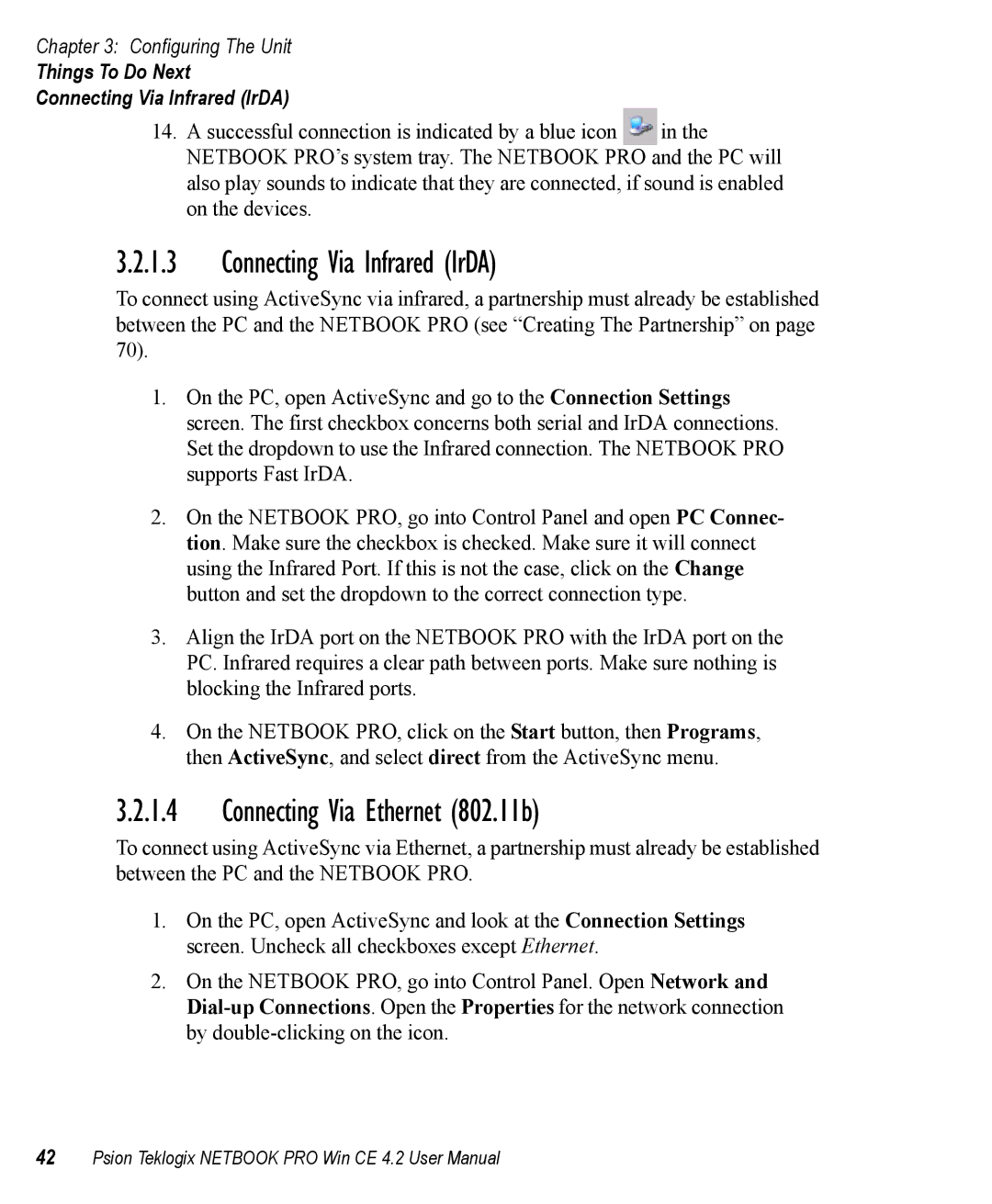 Psion Teklogix Win CE 4.2 user manual Connecting Via Infrared IrDA, Connecting Via Ethernet 802.11b 