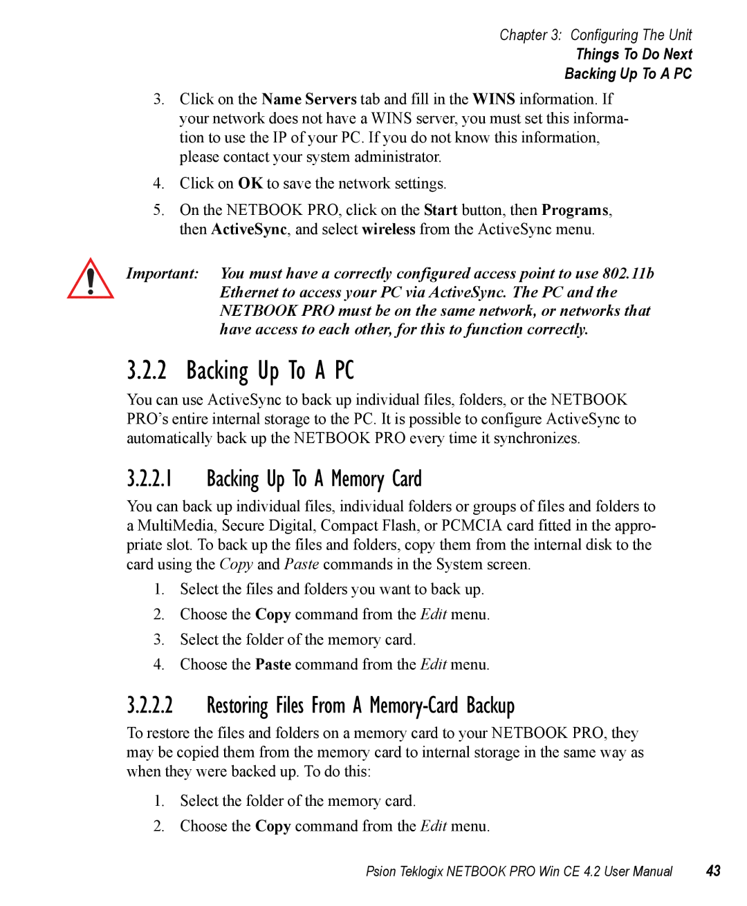 Psion Teklogix Win CE 4.2 Backing Up To a PC, Backing Up To a Memory Card, Restoring Files From a Memory-Card Backup 