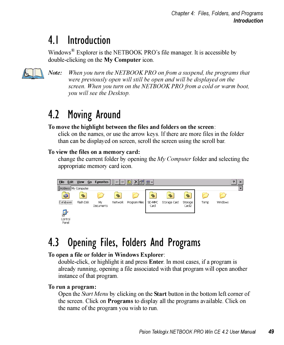 Psion Teklogix Win CE 4.2 user manual Introduction, Moving Around, Opening Files, Folders And Programs 