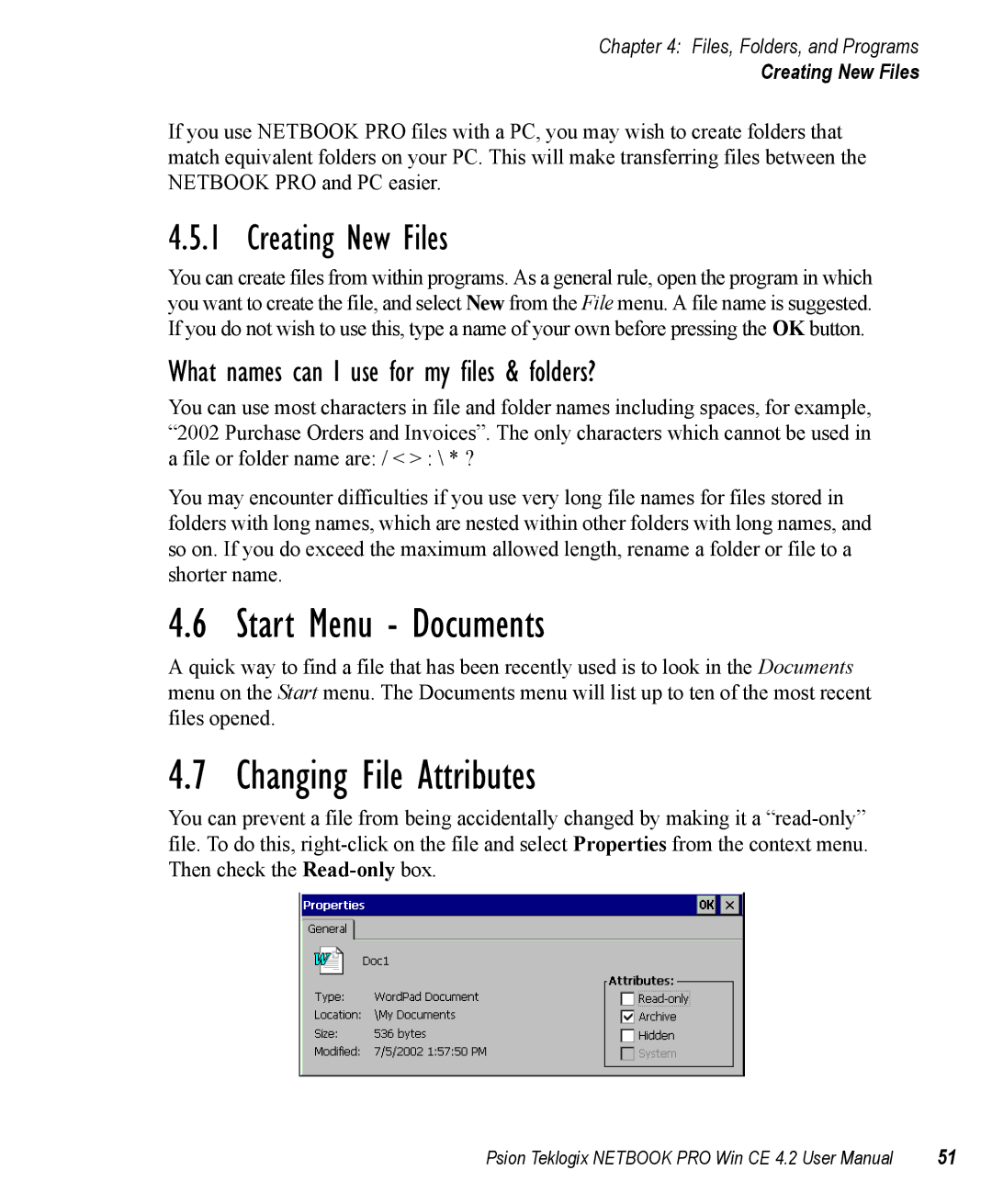 Psion Teklogix Win CE 4.2 user manual Start Menu Documents, Changing File Attributes, Creating New Files 