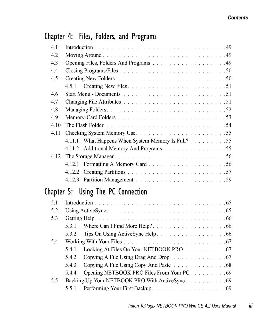 Psion Teklogix Win CE 4.2 user manual Files, Folders, and Programs, Iii 