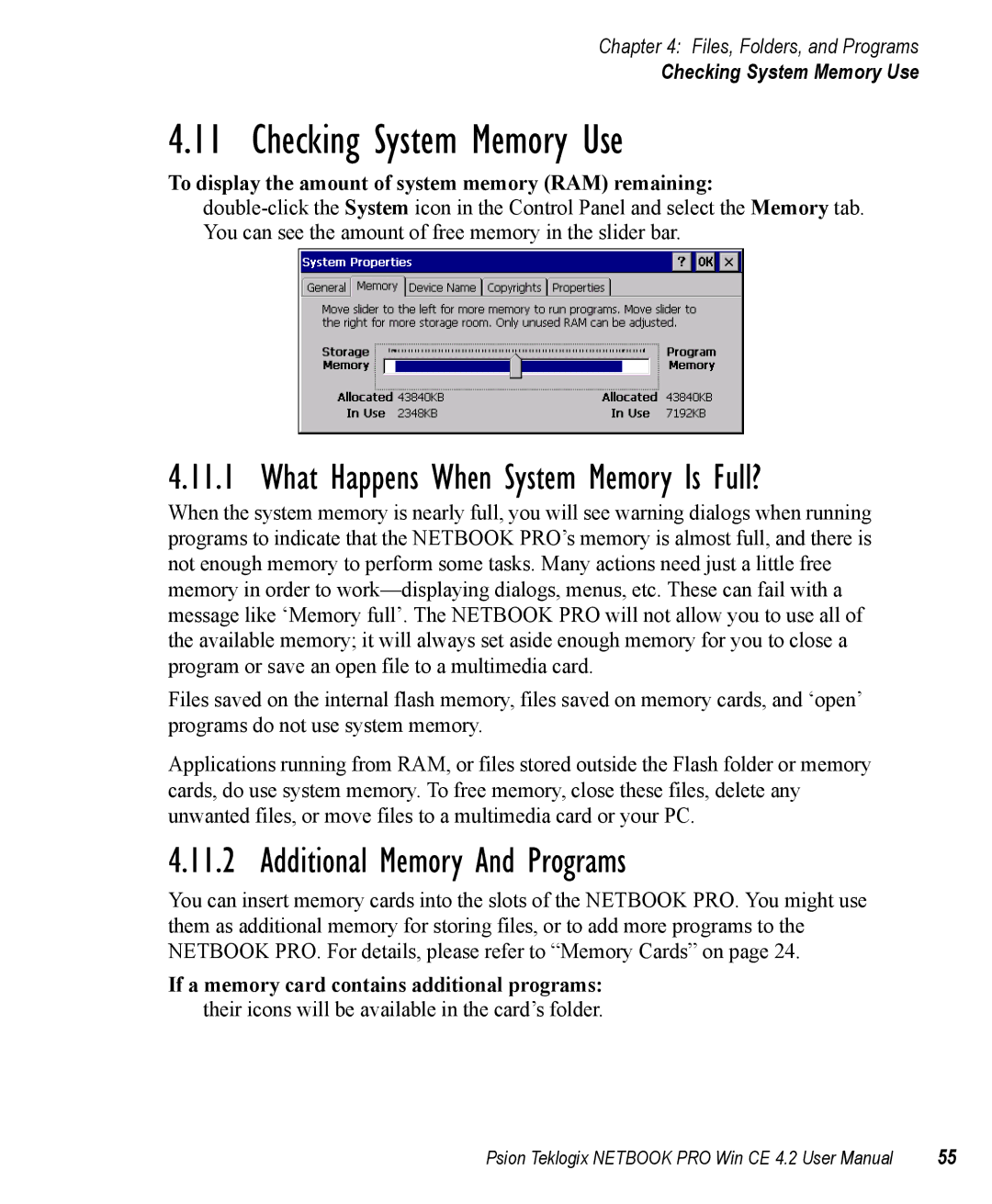 Psion Teklogix Win CE 4.2 user manual Checking System Memory Use, Additional Memory And Programs 