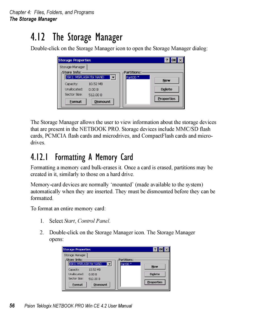 Psion Teklogix Win CE 4.2 user manual Storage Manager, Formatting a Memory Card 