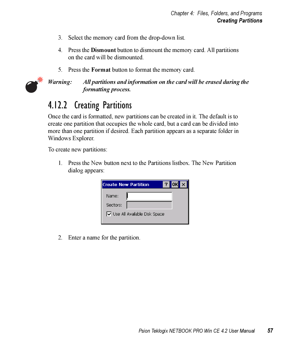 Psion Teklogix Win CE 4.2 user manual Creating Partitions 