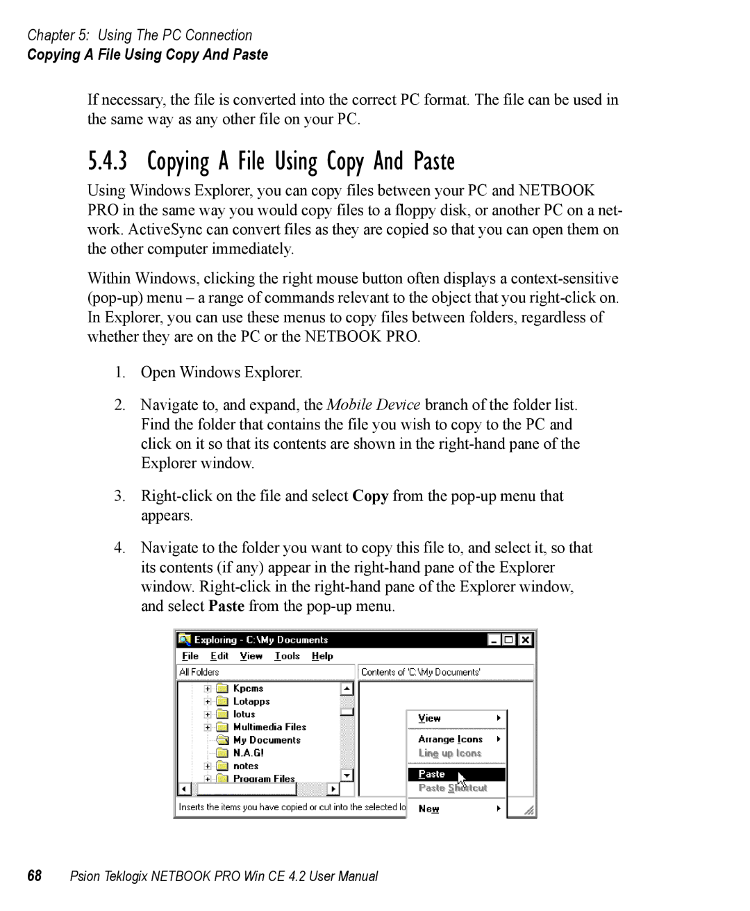 Psion Teklogix Win CE 4.2 user manual Copying a File Using Copy And Paste 