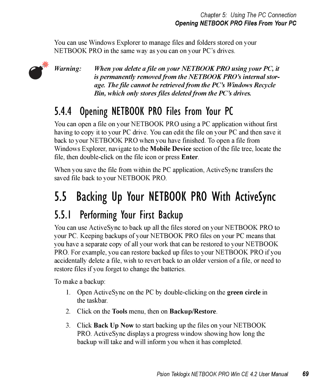 Psion Teklogix Win CE 4.2 user manual Performing Your First Backup, Backing Up Your Netbook PRO With ActiveSync 