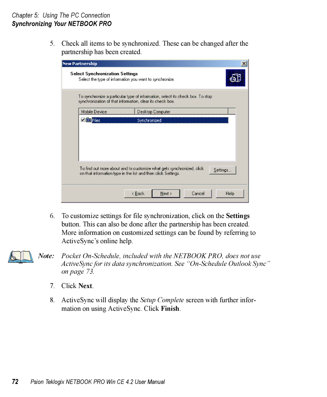 Psion Teklogix Win CE 4.2 user manual Synchronizing Your Netbook PRO 