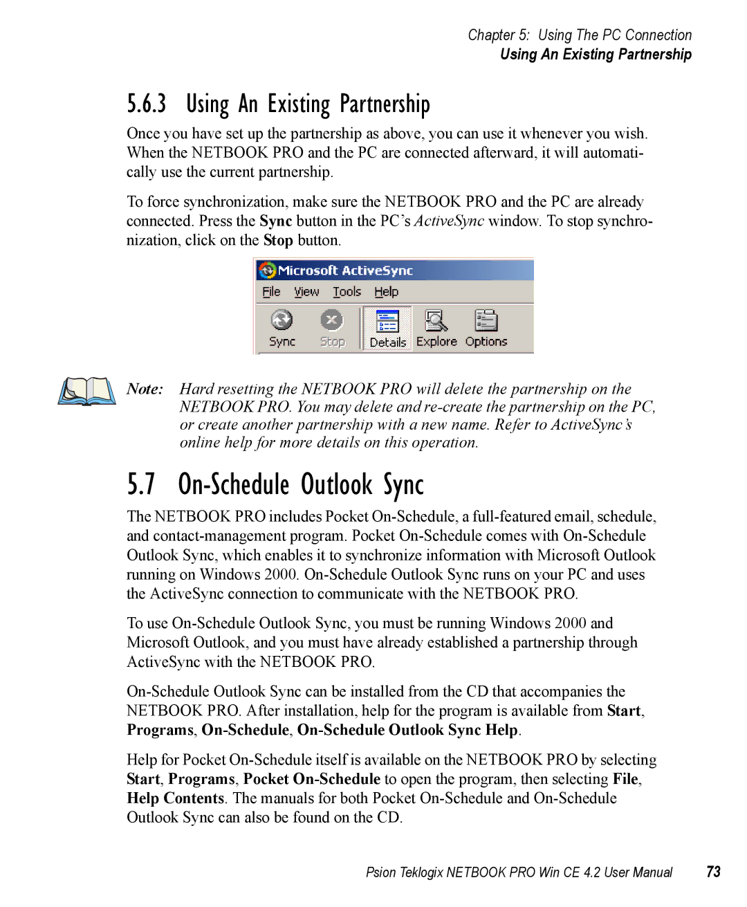 Psion Teklogix Win CE 4.2 user manual On-Schedule Outlook Sync, Using An Existing Partnership 