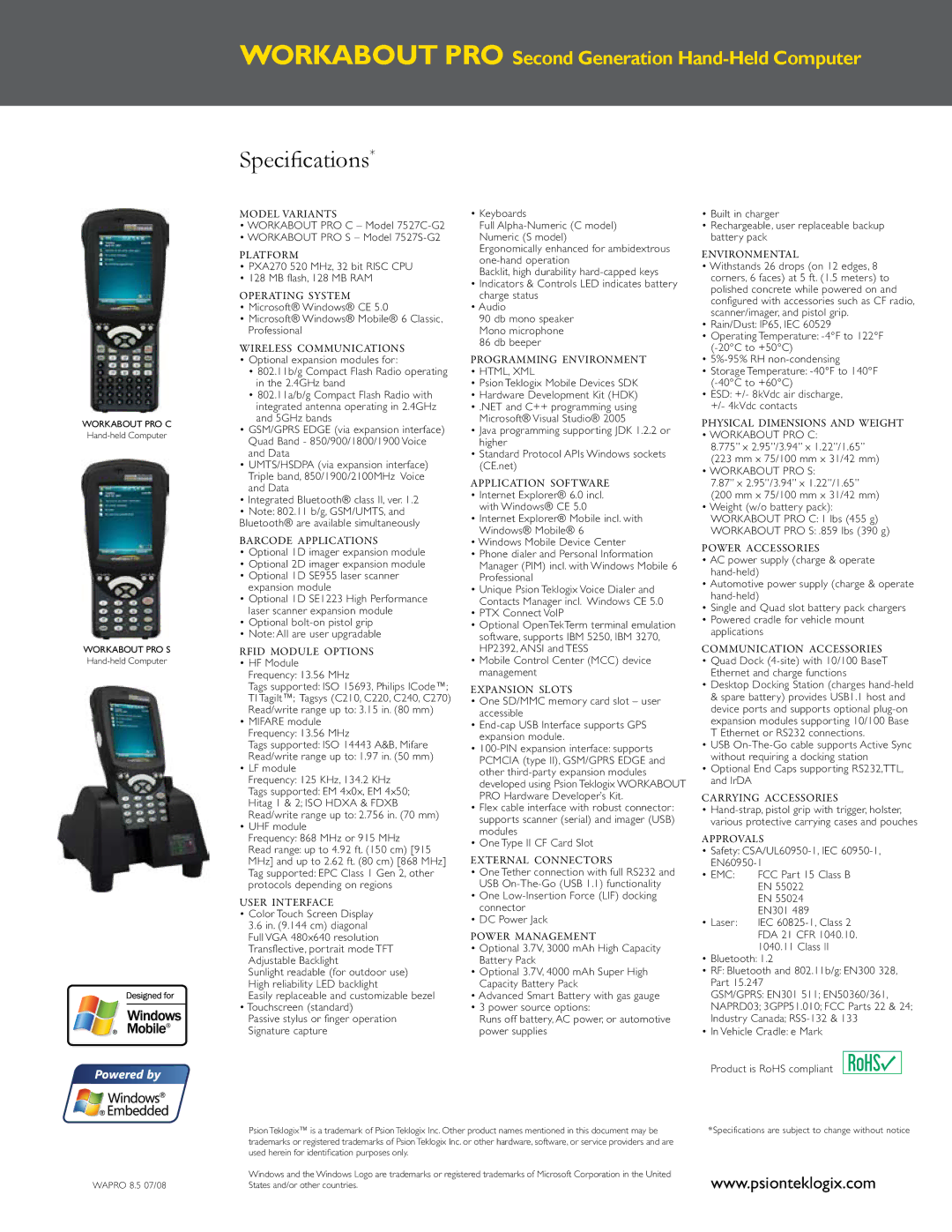 Psion Teklogix WORKABOUT PRO Model Variants, Platform, Operating System, Wireless Communications, Barcode Applications 