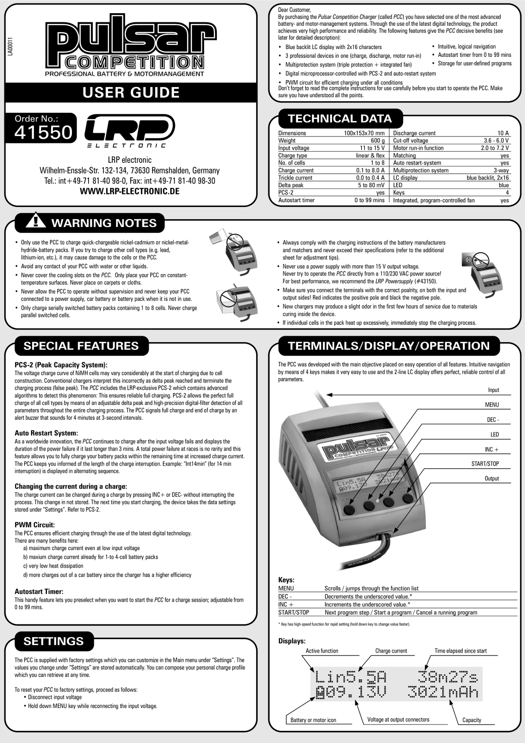 Pulsar LA00011 dimensions Special Features, Settings, Technical Data, Terminals/Display/Operation 