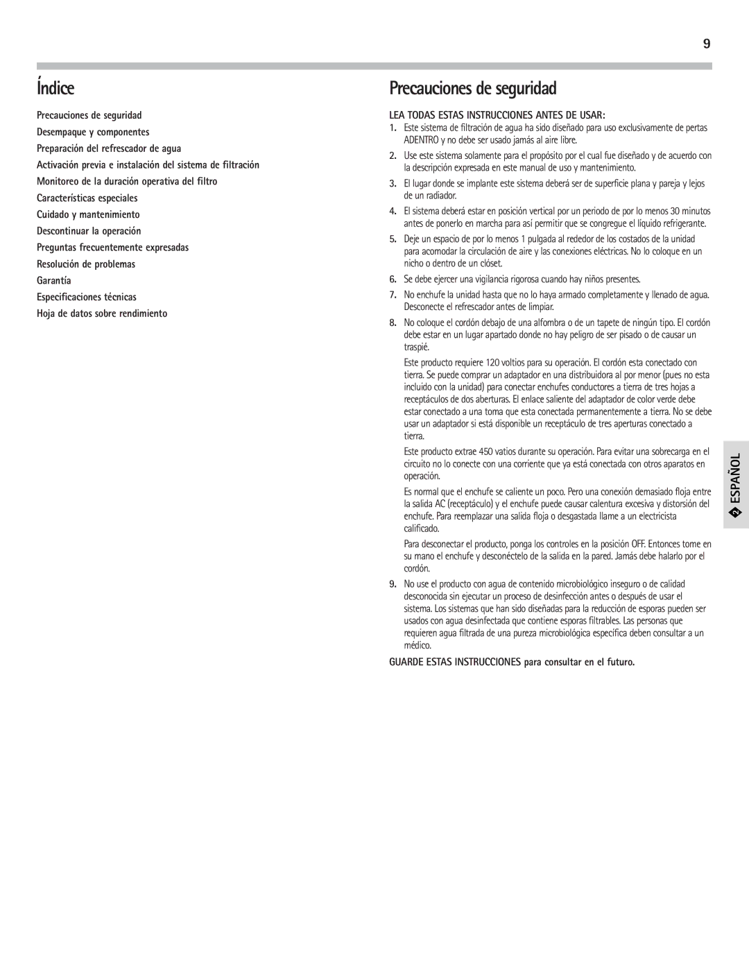 PUR Water Purification Products PUR210 Índice, Precauciones de seguridad, LEA Todas Estas Instrucciones Antes DE Usar 