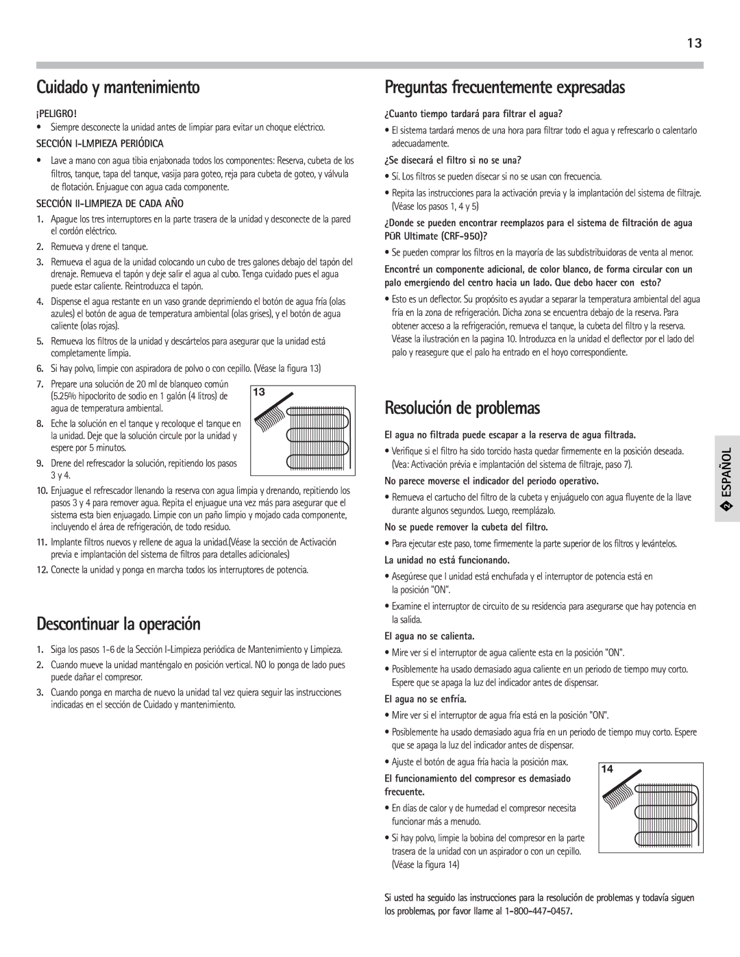 PUR Water Purification Products PUR200, PUR210 Cuidado y mantenimiento, Descontinuar la operación, Resolución de problemas 