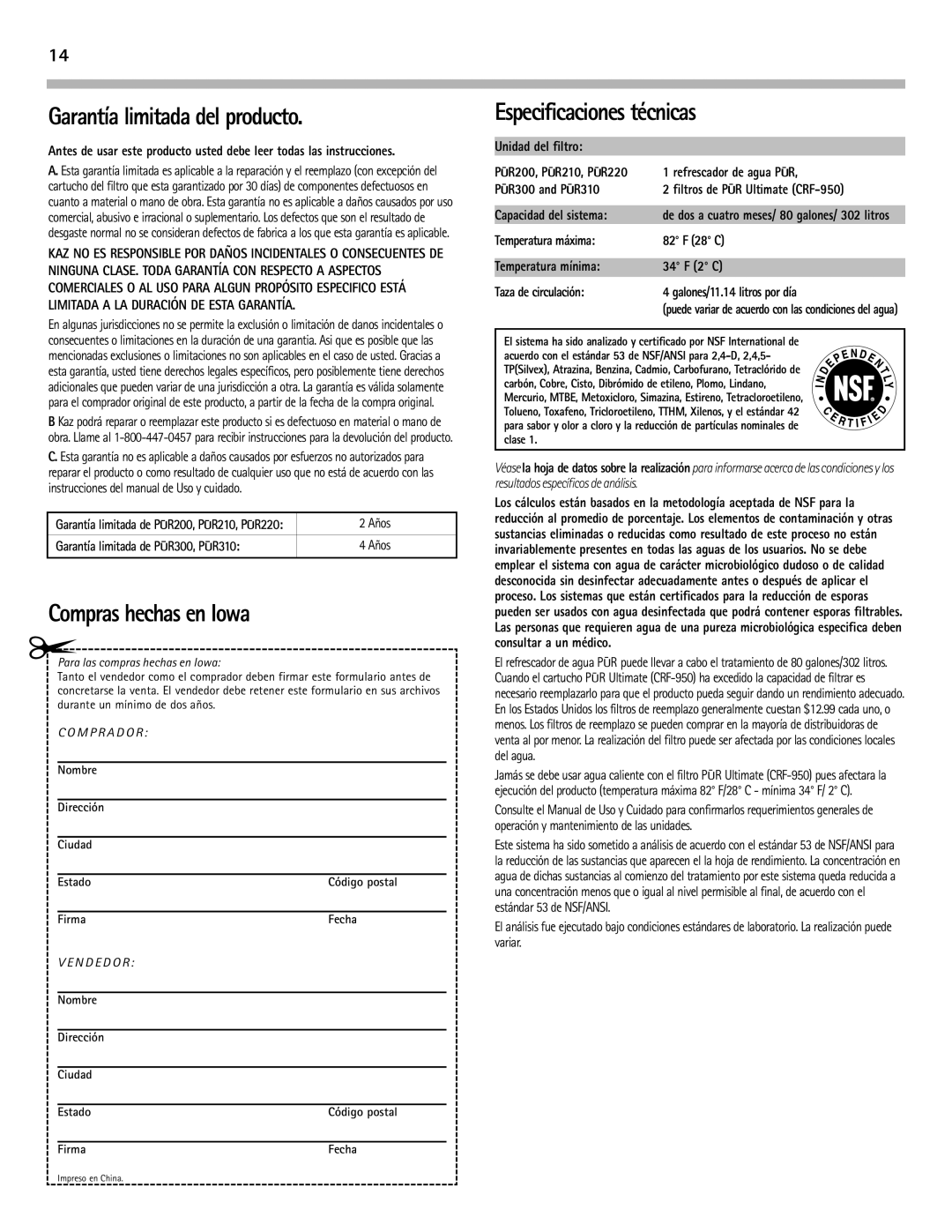 PUR Water Purification Products PUR210 Garantía limitada del producto, Compras hechas en Iowa, Especificaciones técnicas 