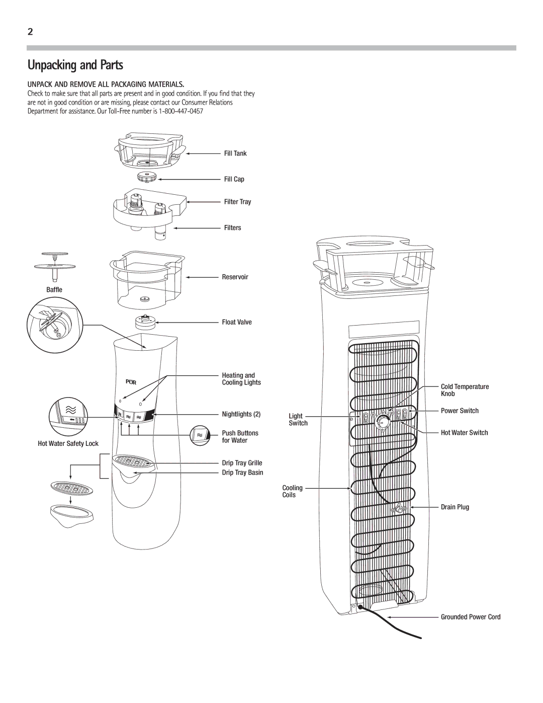 PUR Water Purification Products PUR300, PUR200, PUR210 Unpacking and Parts, Unpack and Remove ALL Packaging Materials 