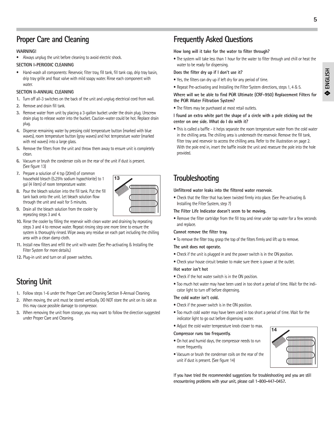 PUR Water Purification Products PUR220 Proper Care and Cleaning, Storing Unit, Frequently Asked Questions, Troubleshooting 