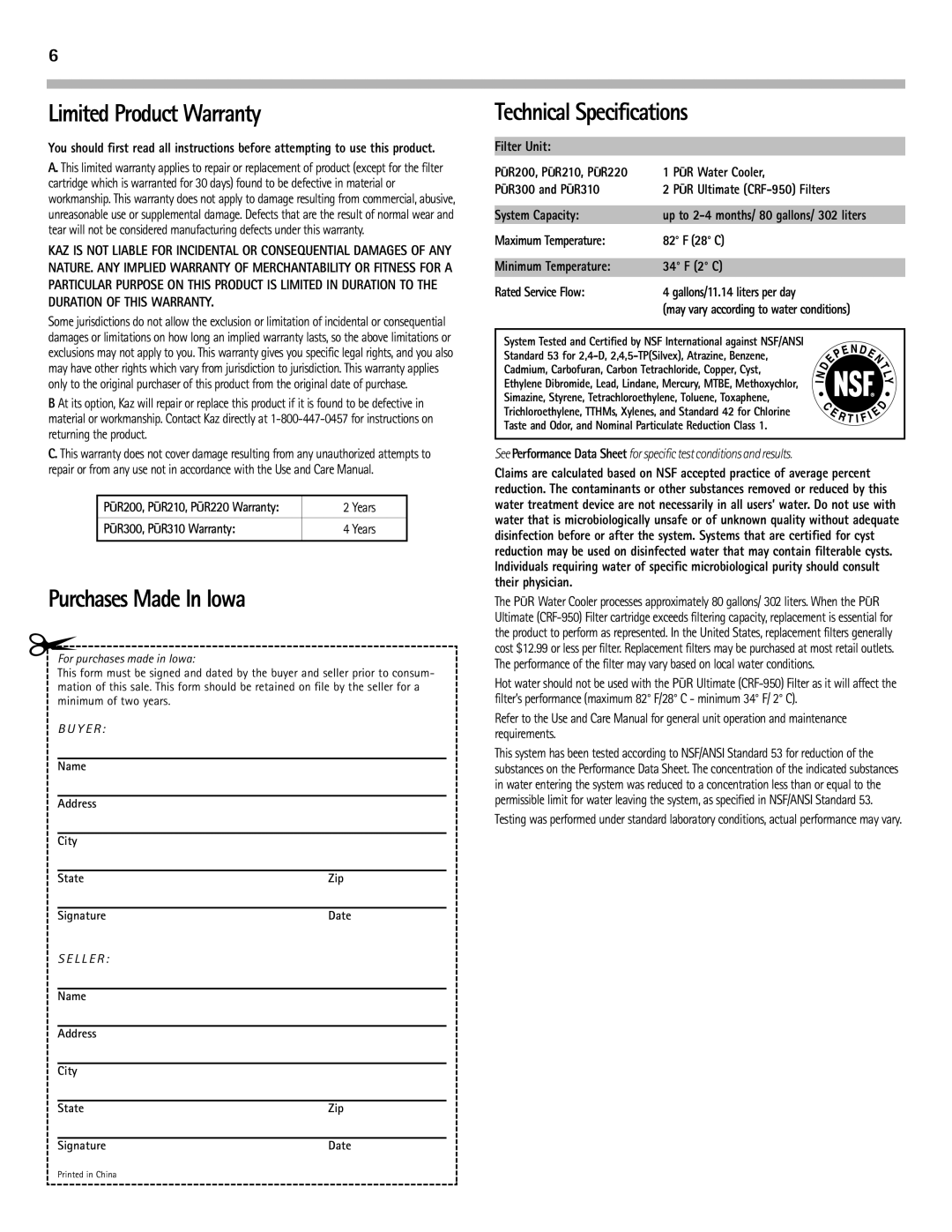 PUR Water Purification Products PUR310, PUR200 Limited Product Warranty, Purchases Made In Iowa, Technical Specifications 