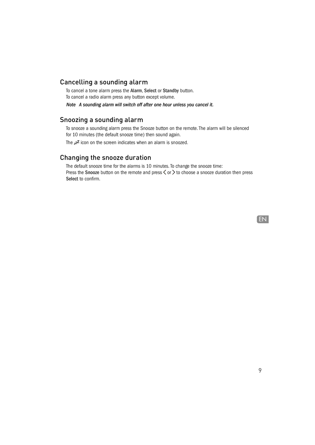 Pure Acoustics 100Di owner manual Cancelling a sounding alarm, Snoozing a sounding alarm, Changing the snooze duration 