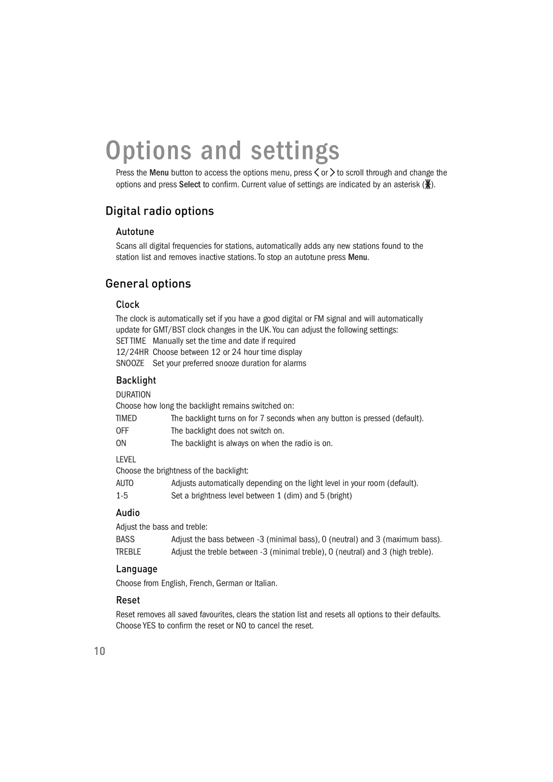 Pure Acoustics 100Di owner manual Options and settings, Digital radio options, General options 