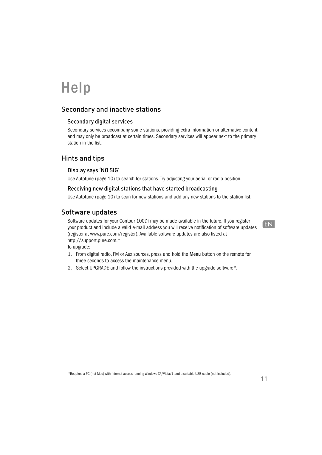 Pure Acoustics 100Di owner manual Help, Secondary and inactive stations, Hints and tips, Software updates 