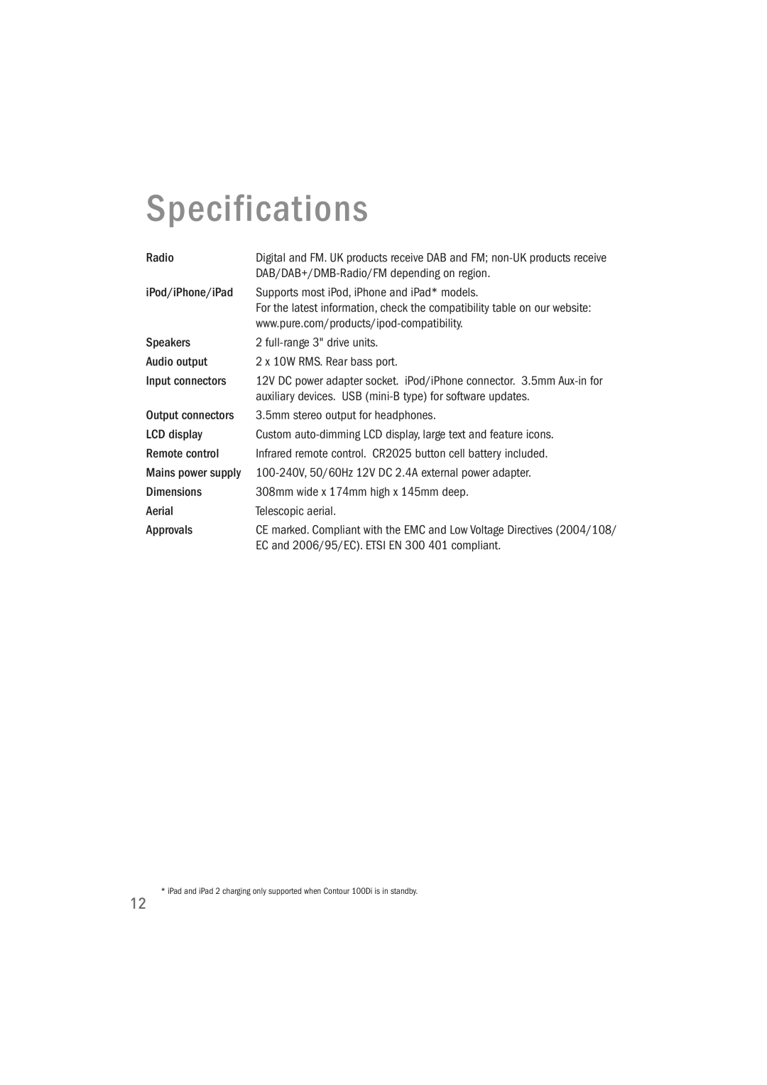 Pure Acoustics 100Di owner manual Specifications 