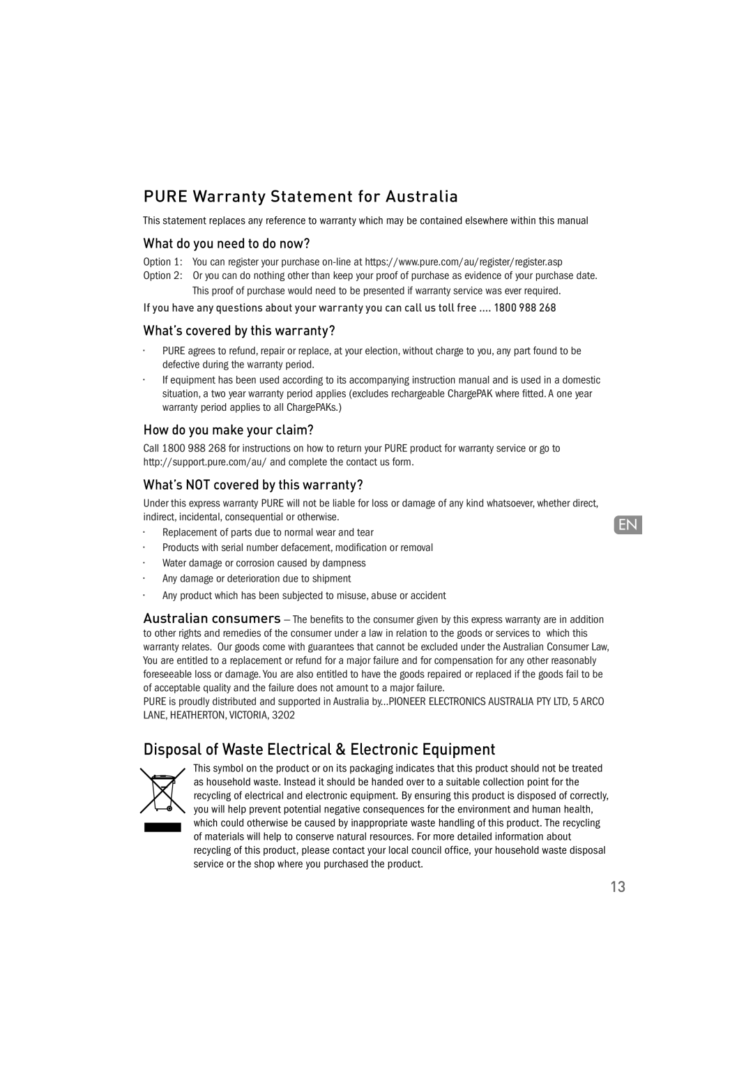 Pure Acoustics 100Di Pure Warranty Statement for Australia, Disposal of Waste Electrical & Electronic Equipment 