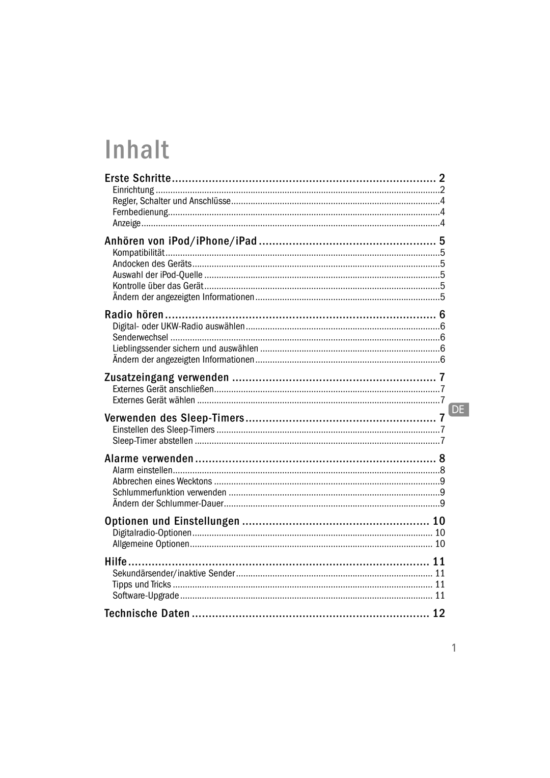 Pure Acoustics 100Di owner manual Inhalt, Anhören von iPod/iPhone/iPad 