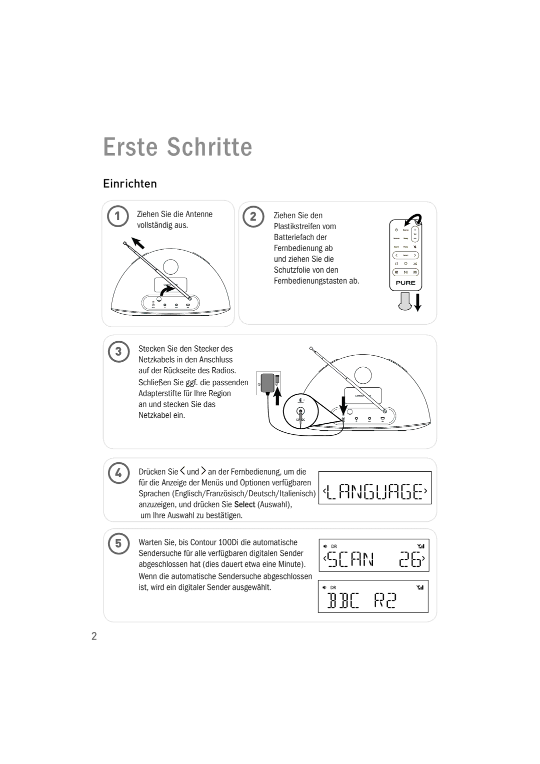 Pure Acoustics 100Di owner manual Erste Schritte, Einrichten, Ziehen Sie die Antenne Ziehen Sie den Vollständig aus 