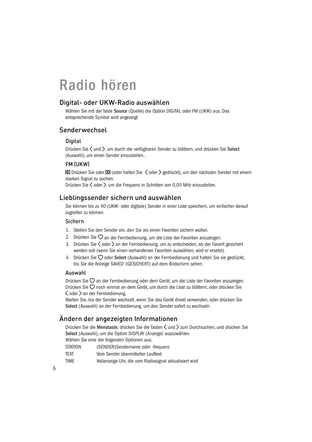 Pure Acoustics 100Di Radio hören, Digital- oder UKW-Radio auswählen, Senderwechsel, Lieblingssender sichern und auswählen 