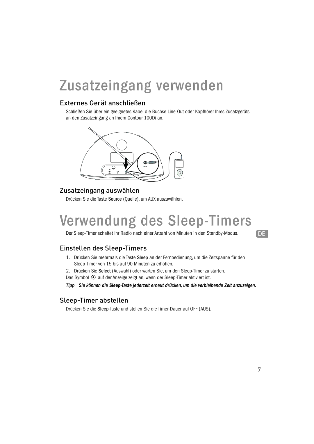 Pure Acoustics 100Di Zusatzeingang verwenden, Externes Gerät anschließen, Zusatzeingang auswählen, Sleep-Timer abstellen 