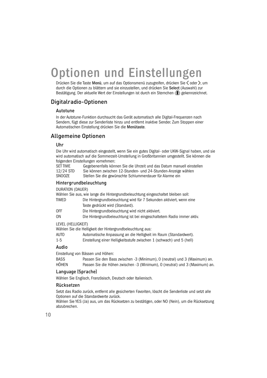 Pure Acoustics 100Di owner manual Optionen und Einstellungen, Digitalradio-Optionen, Allgemeine Optionen 