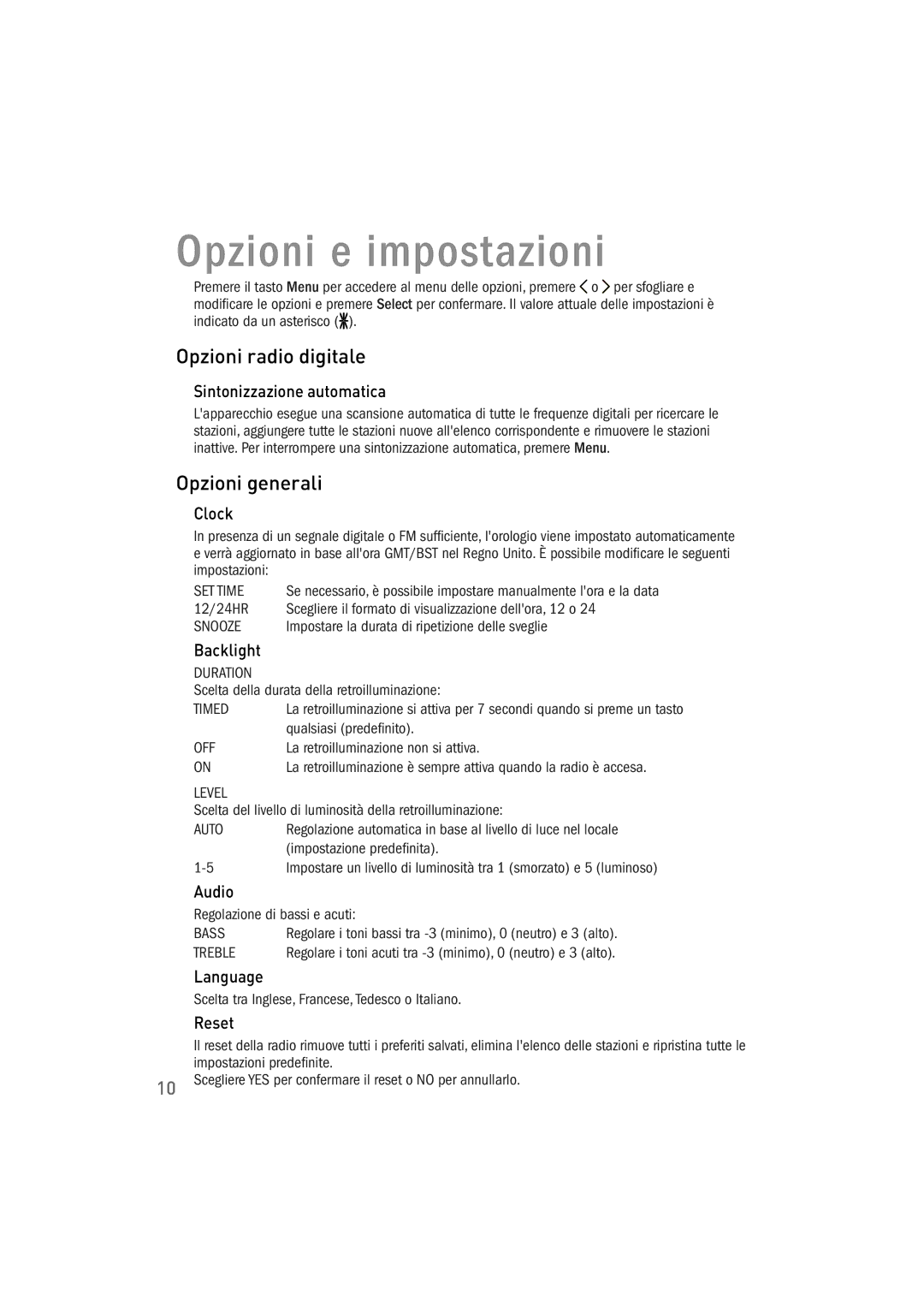 Pure Acoustics 100Di Opzioni e impostazioni, Opzioni radio digitale, Opzioni generali, Sintonizzazione automatica 