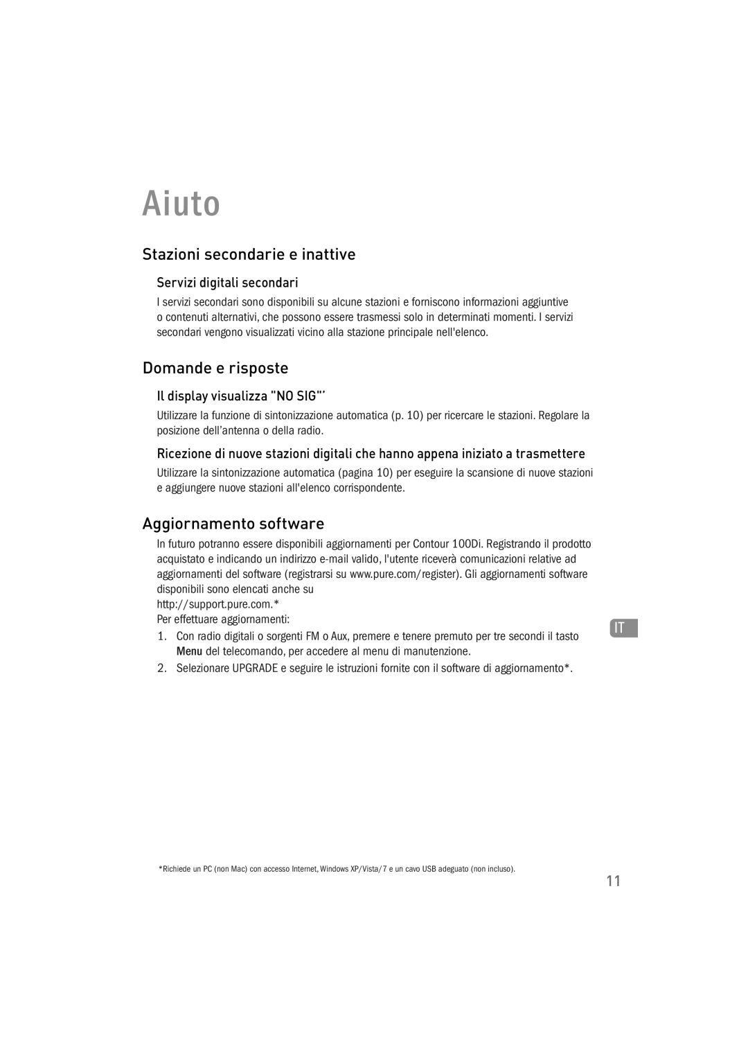 Pure Acoustics 100Di owner manual Aiuto, Stazioni secondarie e inattive, Domande e risposte, Aggiornamento software 