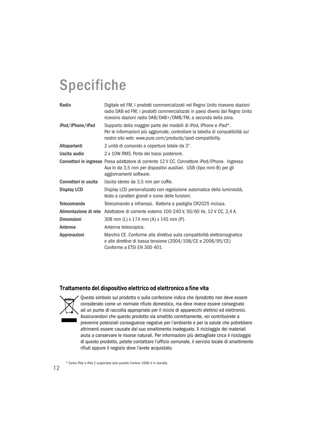 Pure Acoustics 100Di owner manual Specifiche, Testo a caratteri grandi e icone delle funzioni, Conforme a Etsi EN 300 