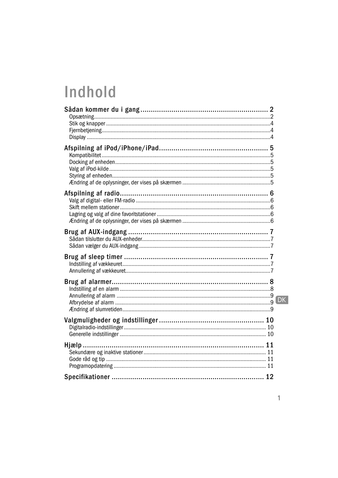 Pure Acoustics 100Di owner manual Indhold, Afspilning af iPod/iPhone/iPad 