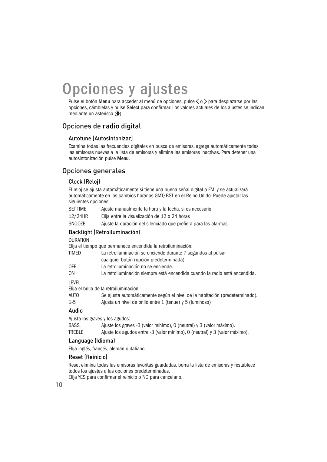 Pure Acoustics 100Di owner manual Opciones y ajustes, Opciones de radio digital, Opciones generales 