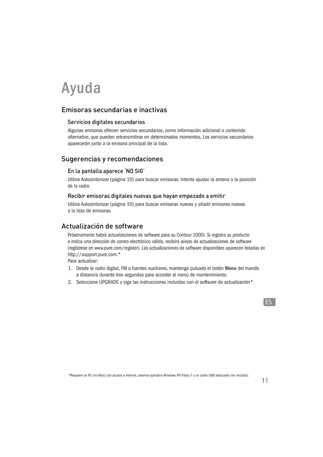 Pure Acoustics 100Di Ayuda, Emisoras secundarias e inactivas, Sugerencias y recomendaciones, Actualización de software 