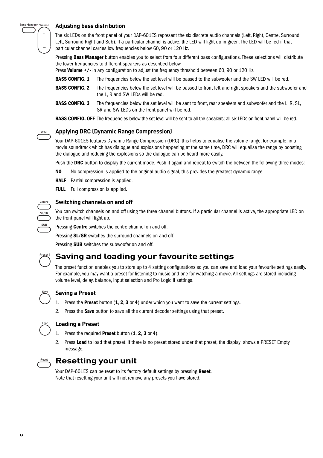 Pure Acoustics DAP-601ES owner manual Saving and loading your favourite settings, Resetting your unit 