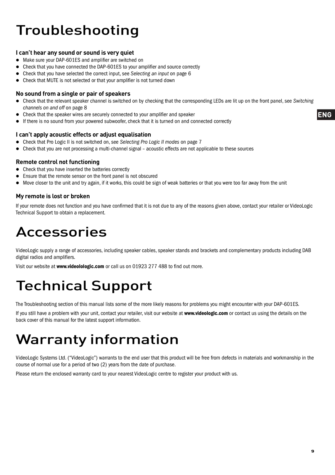 Pure Acoustics DAP-601ES owner manual Troubleshooting, Accessories, Technical Support, Warranty information 