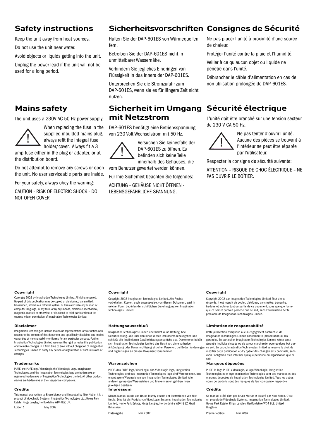 Pure Acoustics DAP-601ES owner manual Mains safety, Sicherheit im Umgang mit Netzstrom, Sécurité électrique 