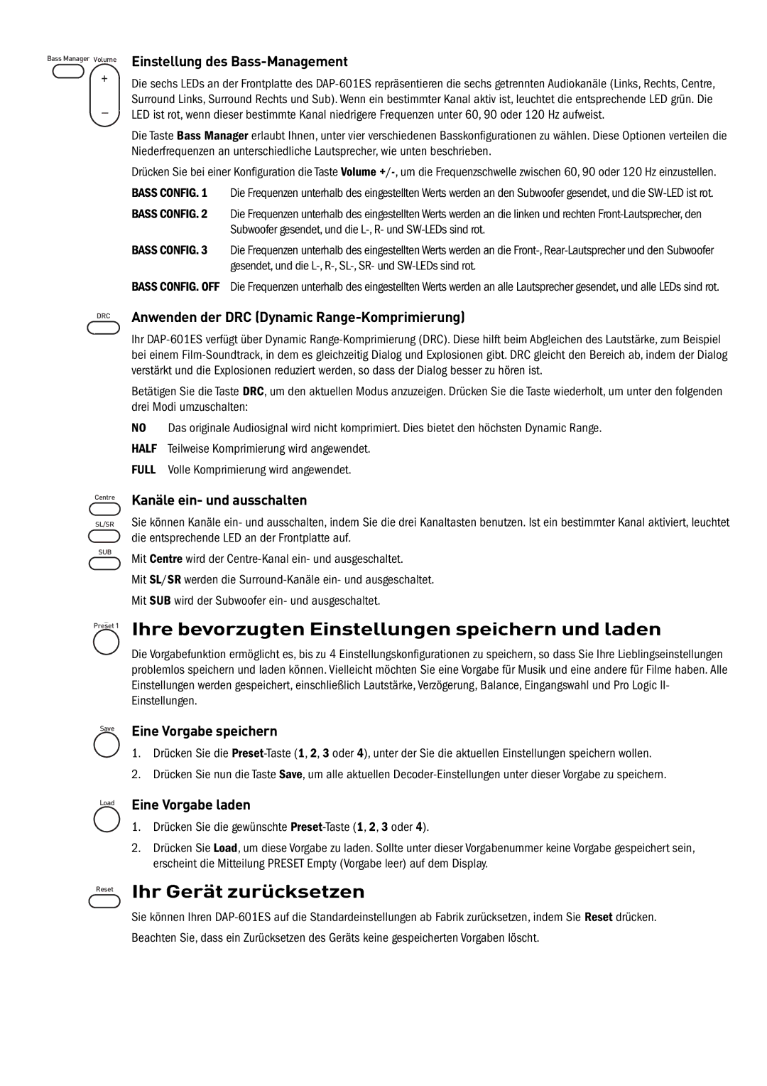 Pure Acoustics DAP-601ES owner manual Ihre bevorzugten Einstellungen speichern und laden, Ihr Gerät zurücksetzen 